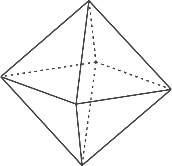 Dreidimensionales geometrisches Modell eines Pyramide mit gestrichelten Linien.