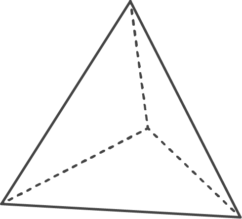 Dreidimensionales geometrisches Objekt in Form eines Tetraeders mit gestrichelten Linien.