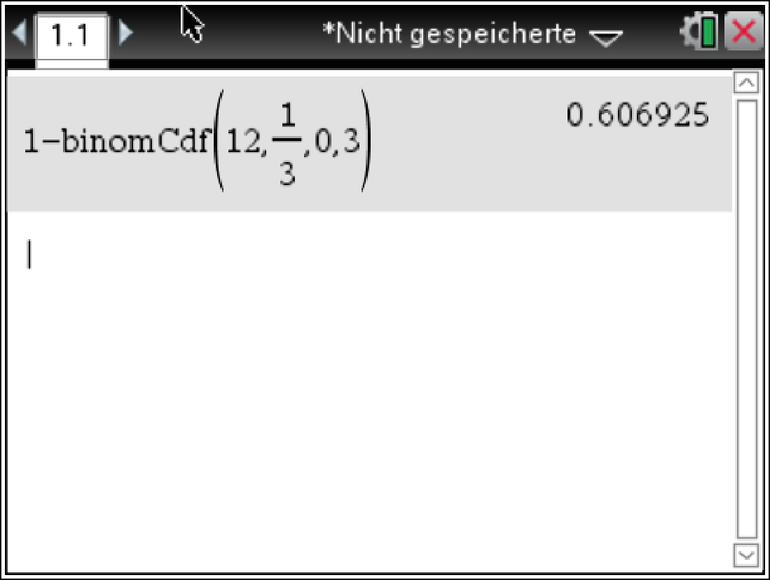 Mathematische Berechnung mit binomischer Verteilungsfunktion auf einem Bildschirm.