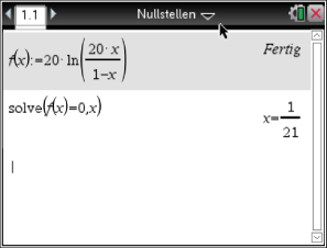 Mathematische Gleichung zur Berechnung von Nullstellen. Bildschirmansicht einer Software.