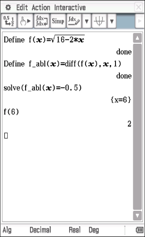Mathematische Software zeigt Funktionsdefinition und Ableitung, sowie Lösung einer Gleichung.