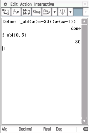 Bildschirmansicht einer mathematischen Software mit Funktionsdefinition und Berechnung.