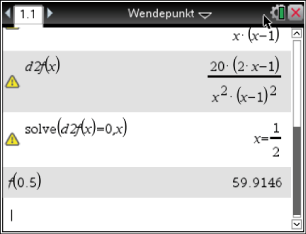 Screenshot einer mathematischen Software mit Ableitungen und Gleichungen.
