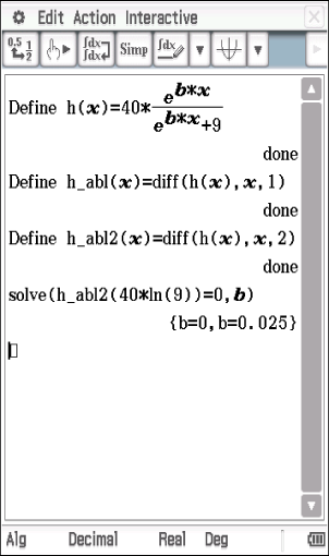 Screenshot eines mathematischen Programms mit definierten Funktionen und Berechnungen.