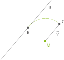 Geometrische Darstellung mit Punkten B, C und M sowie einer gekrümmten Linie und einer Geraden g.