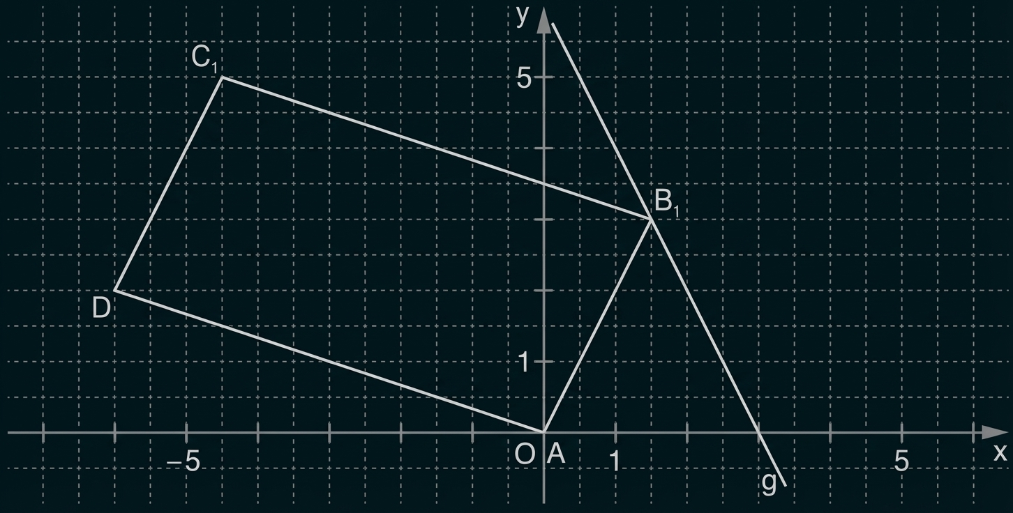 Koordinatensystem mit Raster, Parallelogramm links, Dreieck rechts, Achsen und markierte Punkte O, A, B1, C1, D