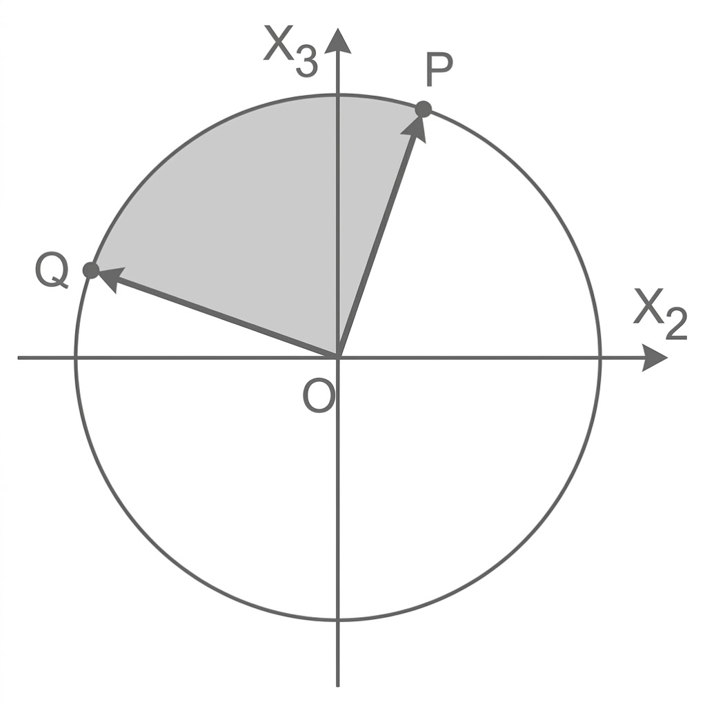Einheitskreis mit Mittelpunkt O, Achsen x2/x3, Radialen zu P und Q und schattierter Sektor im oberen Halbkreis
