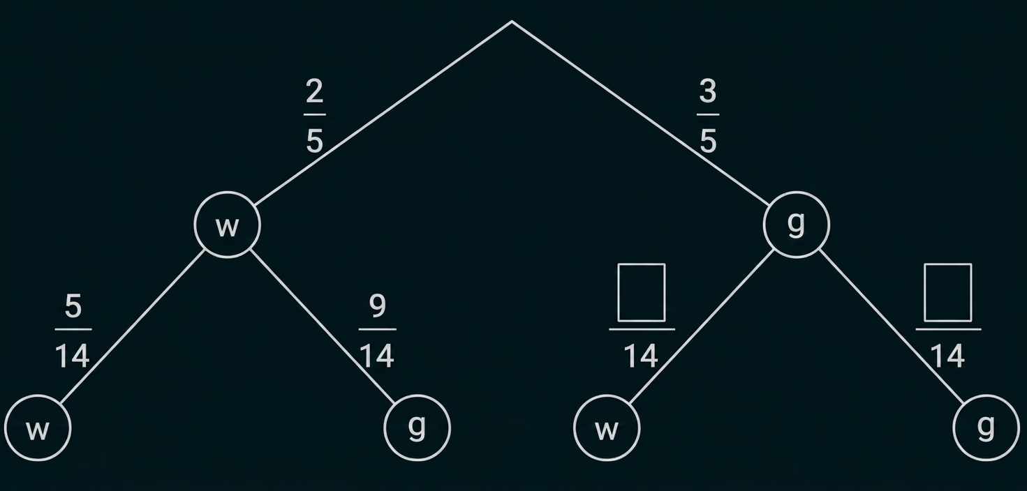 Baumdiagramm mit W- und G-Verzweigungen und Bruchwahrscheinlichkeiten.