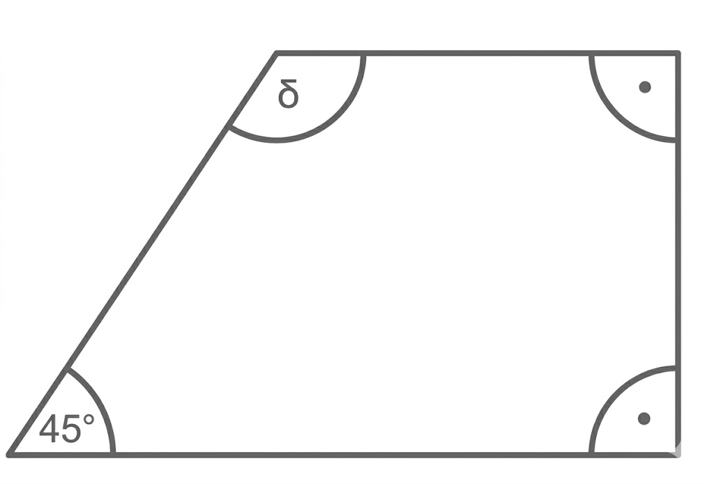 Schemenhaftes Fünfeck mit markierten Winkeln, unten links 45°, oben ein Winkel mit δ und zwei markierte Ecken