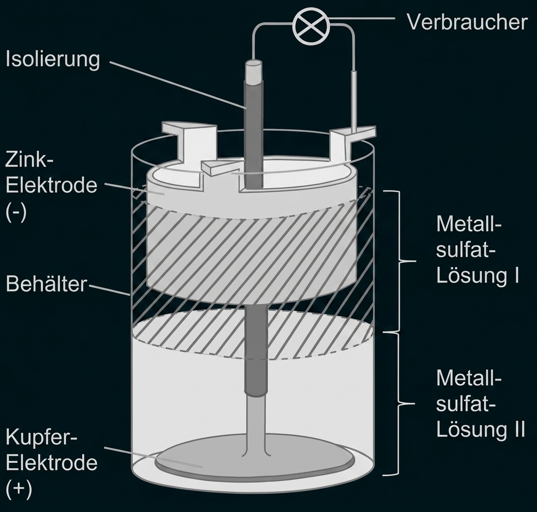 Schema eines Callaud-Elements mit Zink- und Kupferelektrode in Metall­sulfatlösung