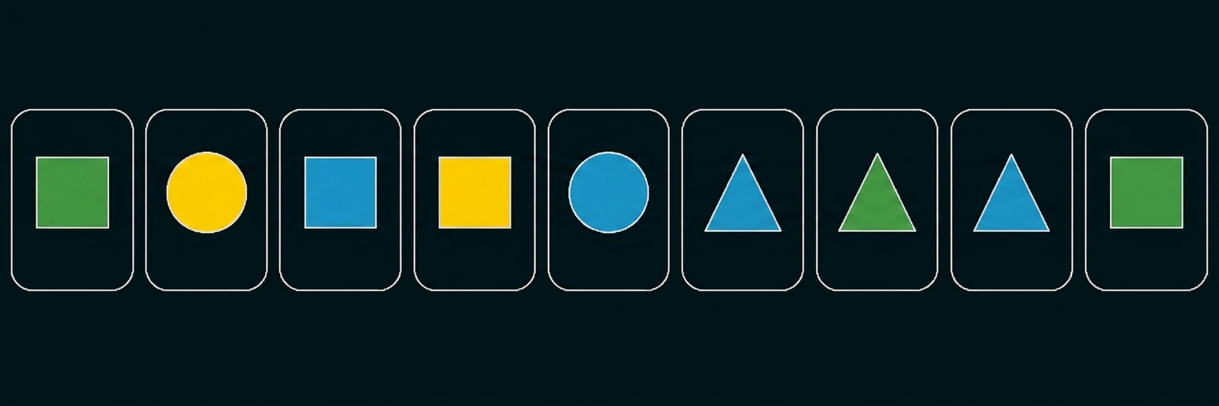 Farbige Formen in Karten: Kreise, Quadrate und Dreiecke in Grün, Gelb und Blau.