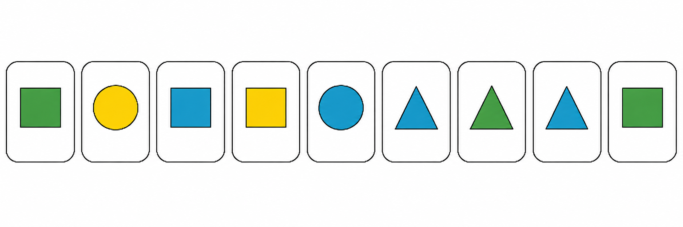Farbige Formen in Karten: Kreise, Quadrate und Dreiecke in Grün, Gelb und Blau.