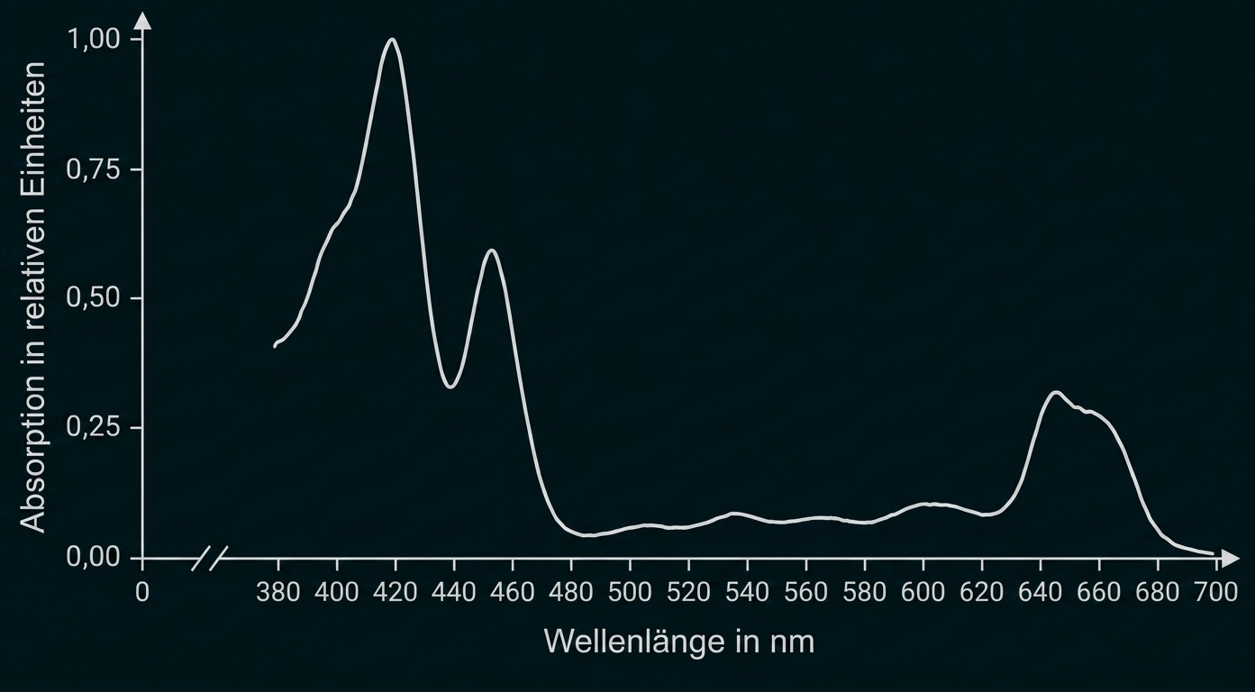 Diagramm: Absorptionsspektrum (Wellenlänge in nm) mit Hauptpeak ~420 nm und kleiner Erhöhung ~640 nm