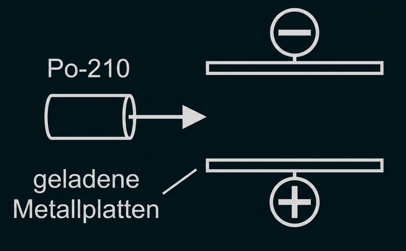 Schematische Darstellung geladener Metallplatten und eines Po-210-Strahlers.