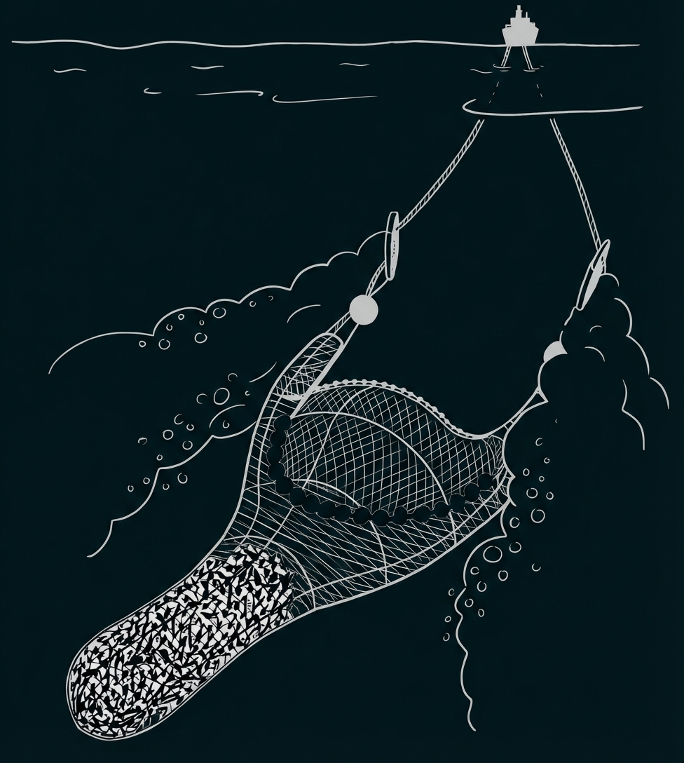 Schleppnetz, das von einem Schiff durch das Meer gezogen wird zum Fischen