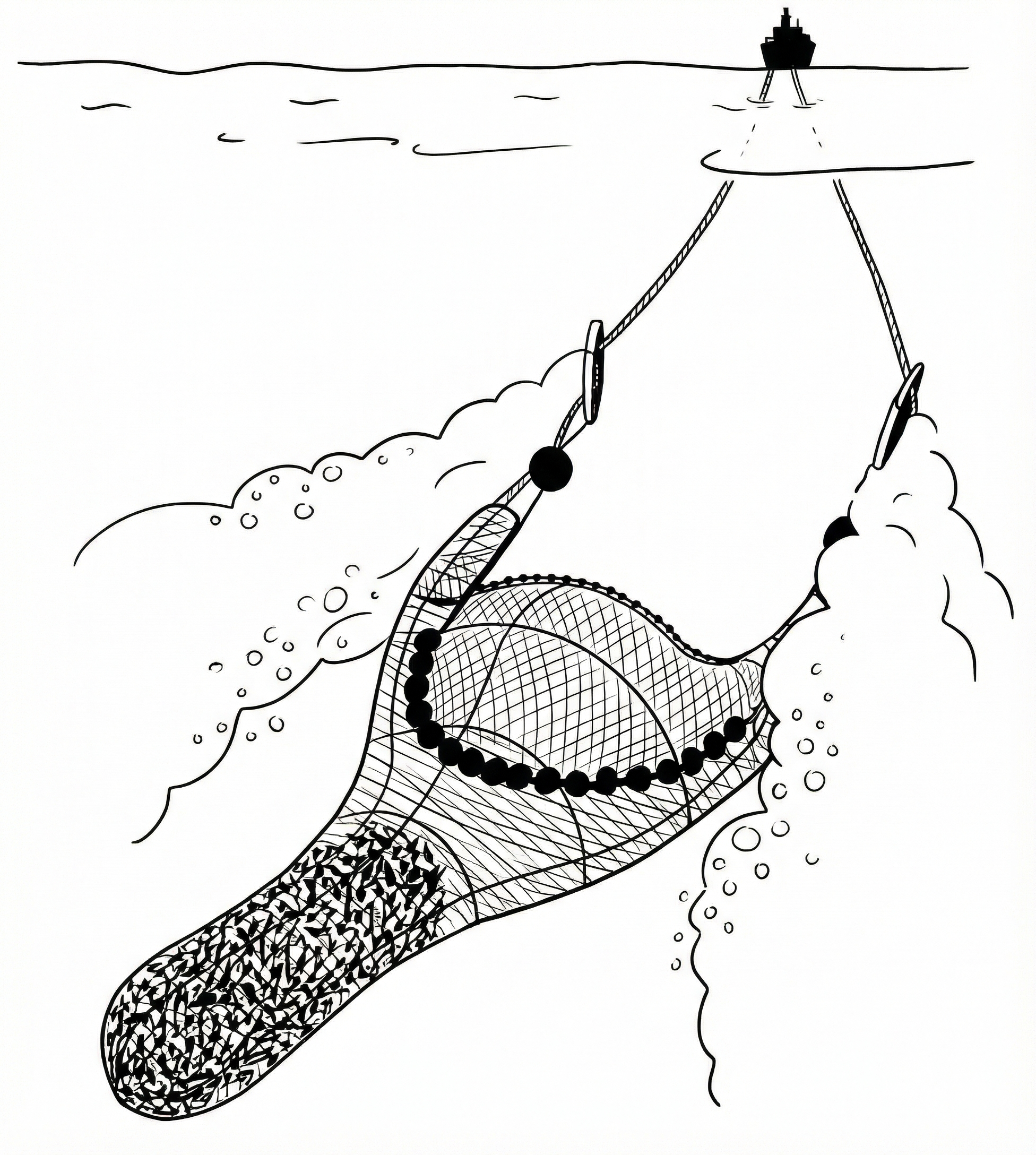 Schleppnetz, das von einem Schiff durch das Meer gezogen wird zum Fischen