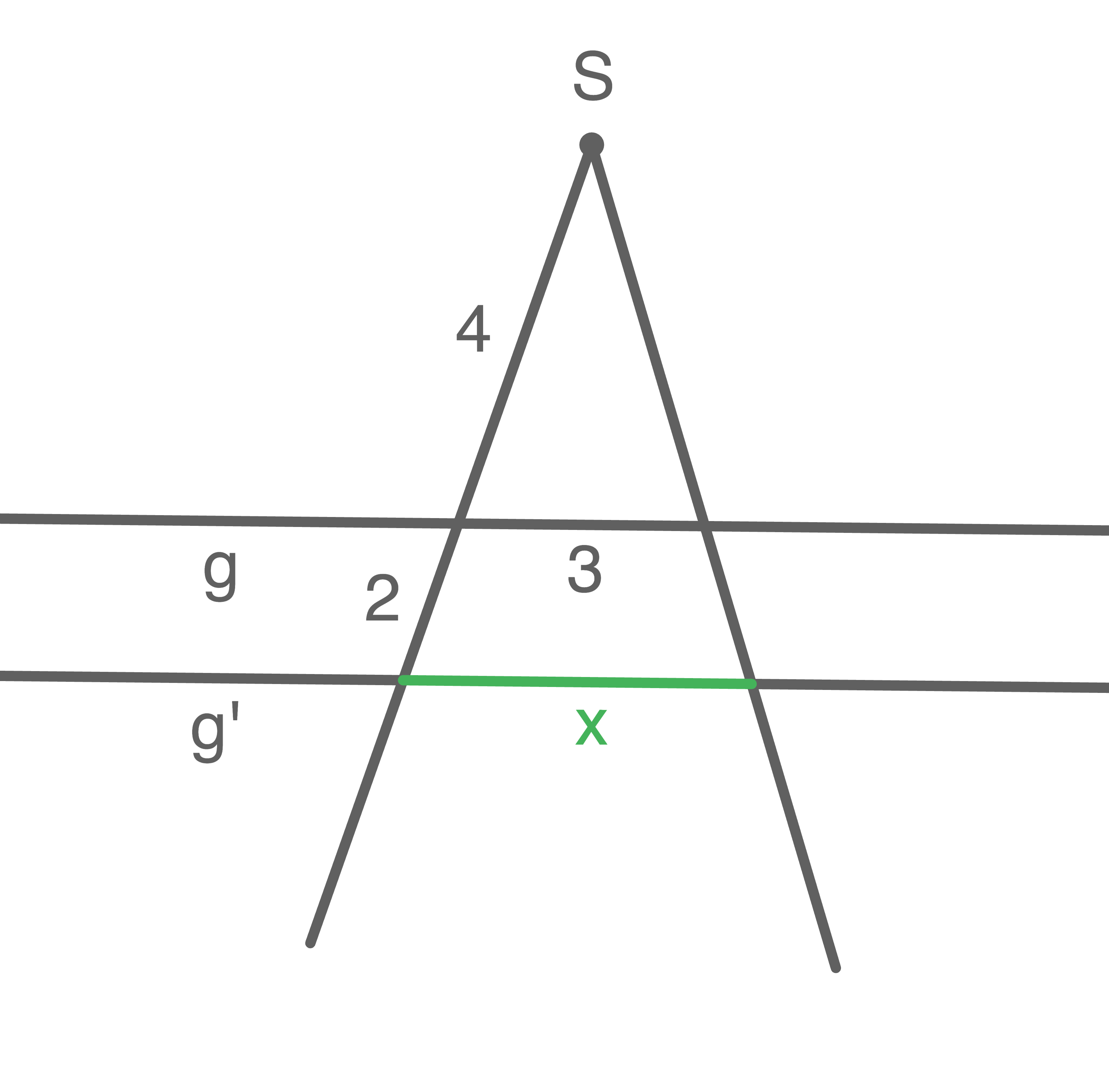 Diagramm eines Dreiecks mit Linien und Beschriftungen, das verschiedene Längen zeigt.