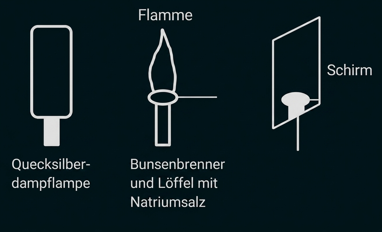 Drei Symbole: Quecksilberdampflampe, Bunsenbrenner mit Löffel und Flamme, Schirm