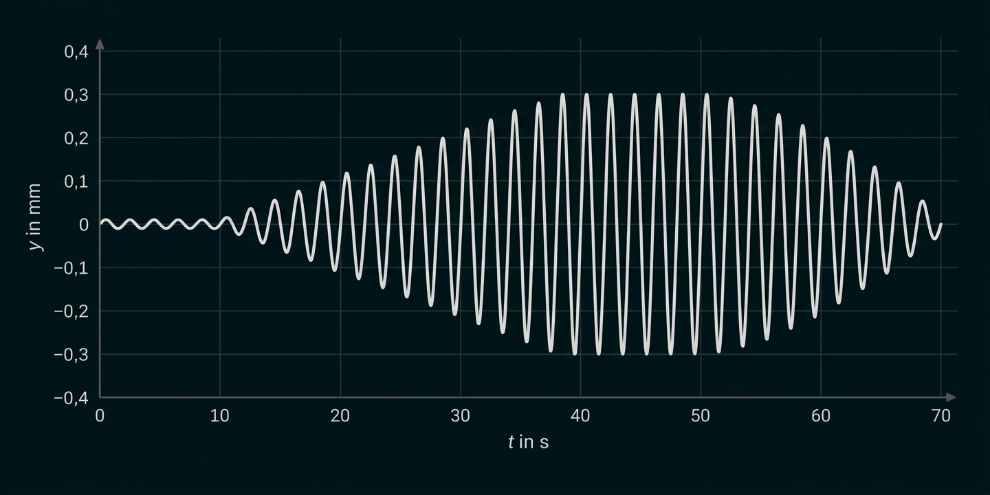 Diagramm einer gedämpften Schwingung mit zunehmender Amplitude bis etwa 40 Sekunden.