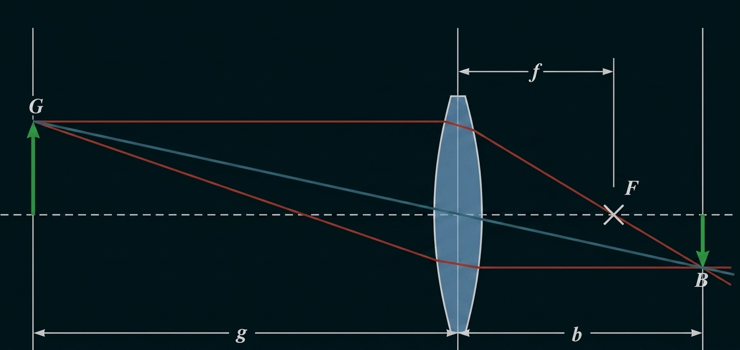 Konvexe Linse mit eingezeichneten Lichtstrahlen, Objekt links (G), invertiertes Bild rechts (B), Brennweite f, Abstände g und b.