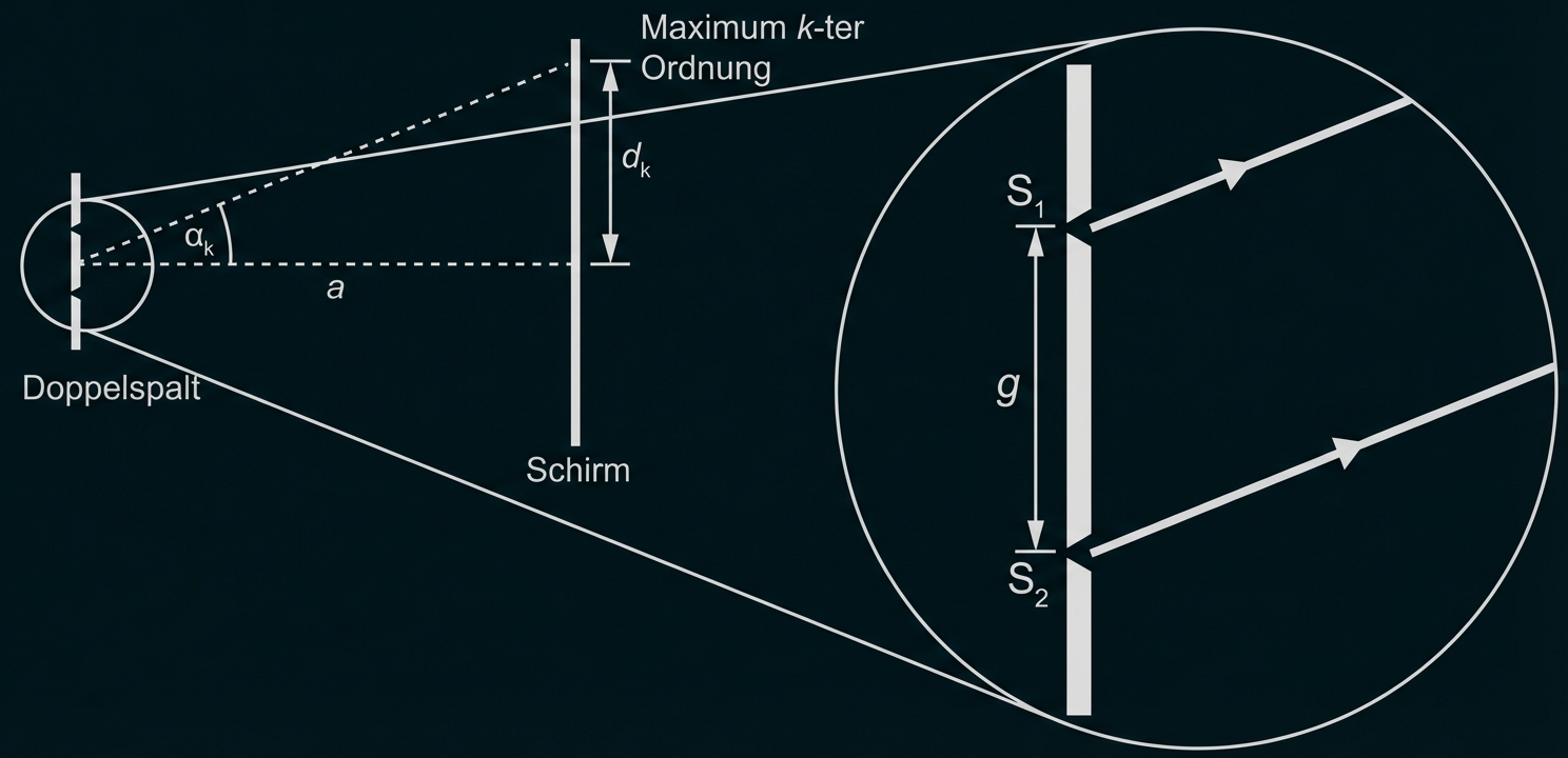 Schematische Darstellung des Doppelspalt-Experiments: Lichtstrahlen, Interferenzmaxima und vergrößerter Spalt-Ausschnitt.