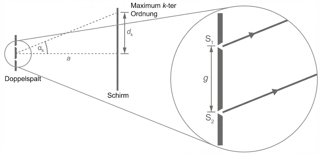 Schematische Darstellung des Doppelspalt-Experiments: Lichtstrahlen, Interferenzmaxima und vergrößerter Spalt-Ausschnitt.