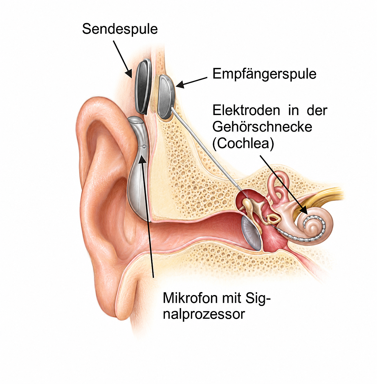 Farbiges und geschärftes Schema eines Ohrs mit Cochlea-Implantat. Beschriftet sind Mikrofon mit Signalprozessor, Sende- und Empfängerspule sowie Elektroden in der Hörschnecke.
