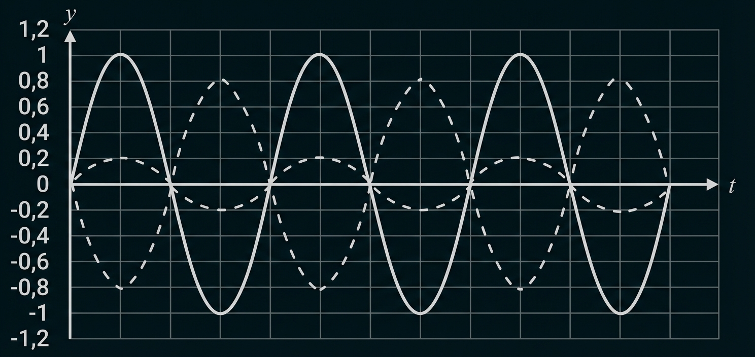 Kariertes Koordinatensystem mit zwei Sinuskurven (durchgezogen und gestrichelt), Achsen t und y.