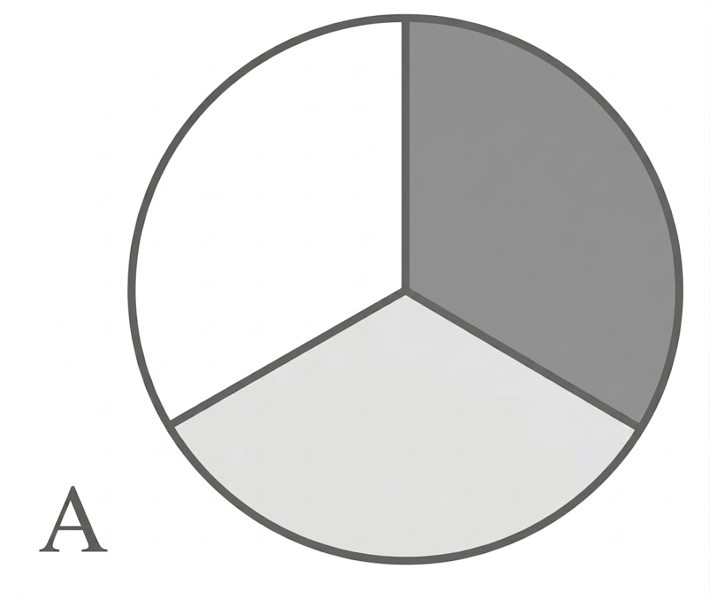 Kreisdiagramm mit drei gleich großen Segmenten, eines grau markiert.