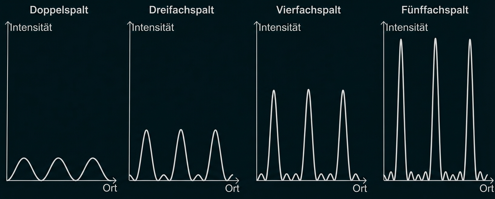 Grafik: Intensitätskurven bei Doppel-, Drei-, Vier- und Fünffachspalt; mit steigender Spaltenzahl erscheinen mehr und schmalere Interferenzpeaks.