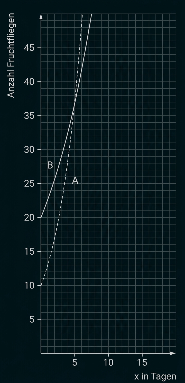 Diagramm: Anzahl Fruchtfliegen vs. Tage, Gitter, zwei Kurven (eine gestrichelt), markierte Punkte A und B bei etwa 5 Tagen.