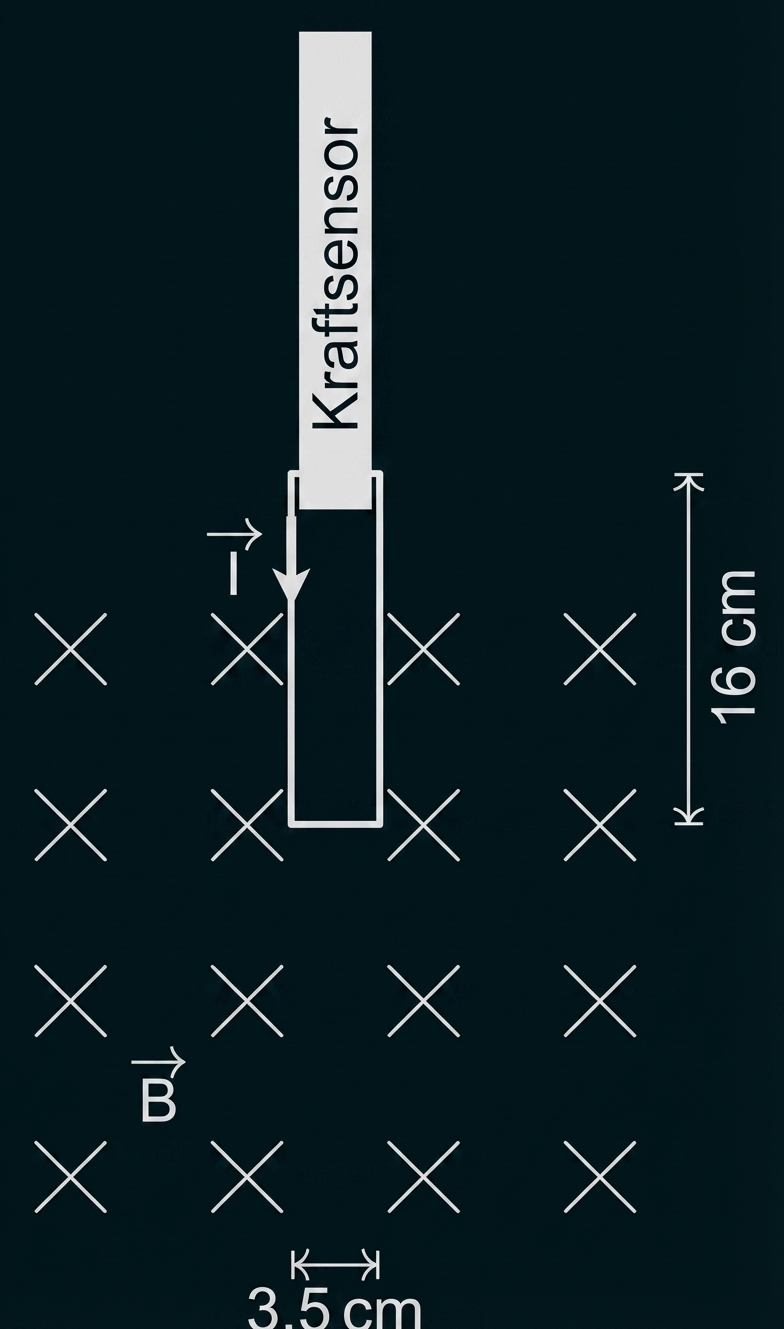 Skizze einer rechteckigen Drahtschleife an einem Kraftsensor, die in ein kreuzmarkiertes Magnetfeld geschoben wird, Maße 16 cm × 3,5 cm