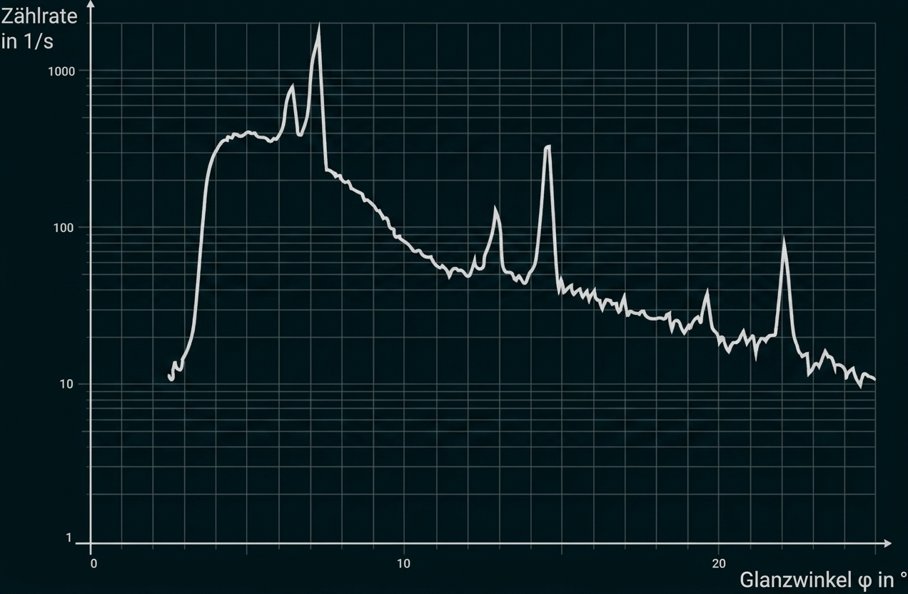 Diagramm mit Zählrate (1/s) gegen Glanzwinkel φ (°) auf logarithmischer Skala, mehrere Peaks und abfallende Kurve.