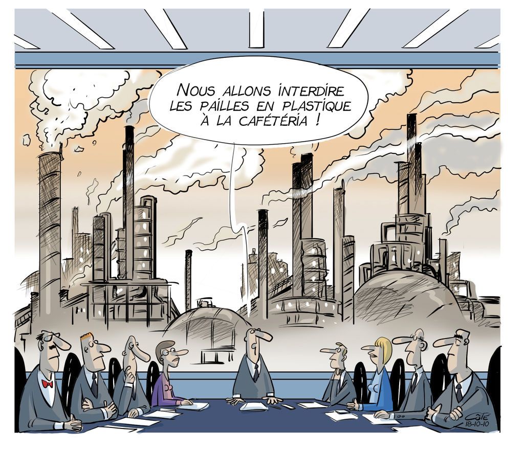 Karikatur: Vorstandsmeeting vor rauchender Fabriklandschaft, Chef sagt Verbot von Plastikstrohhalmen an.