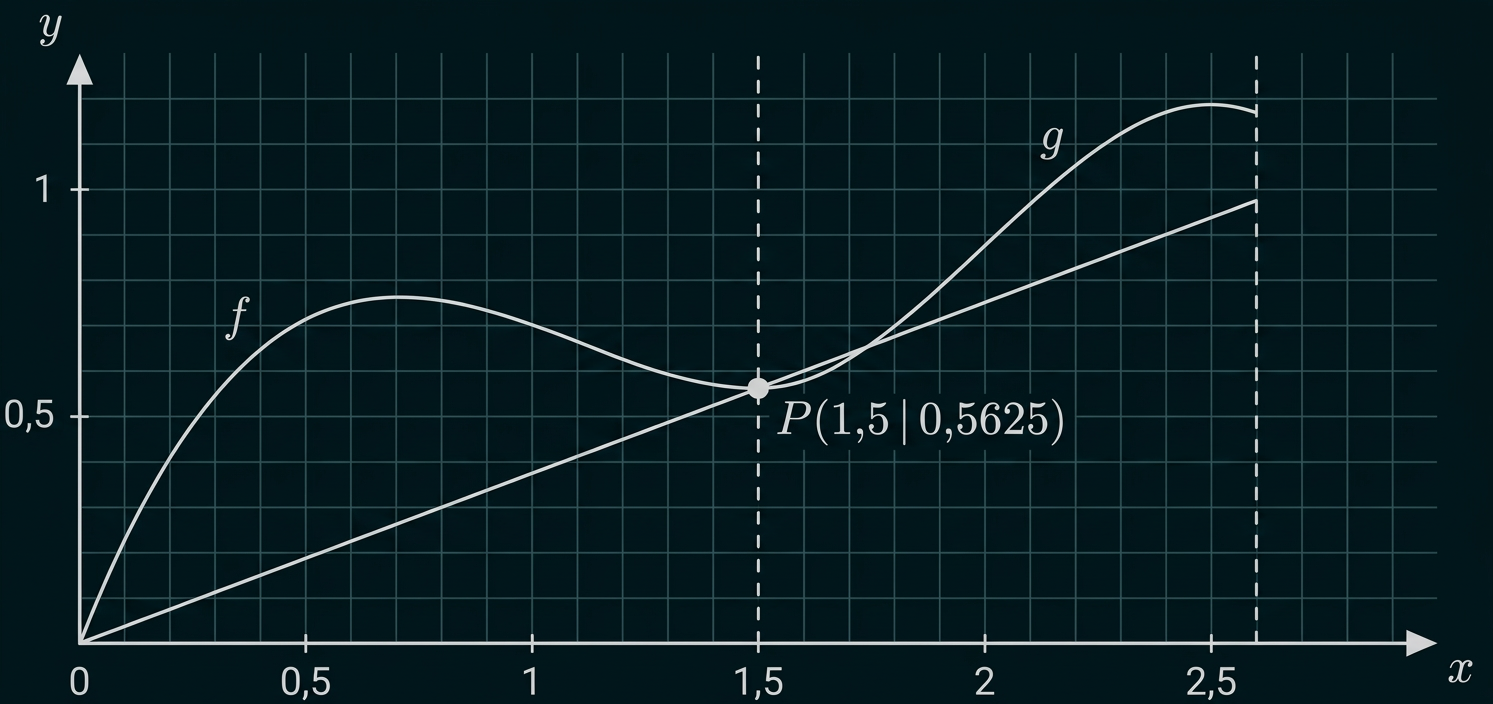 Graph mit den Funktionen f und g, Schnittpunkt P(1,5|0,5625) und markierten Grenzen.