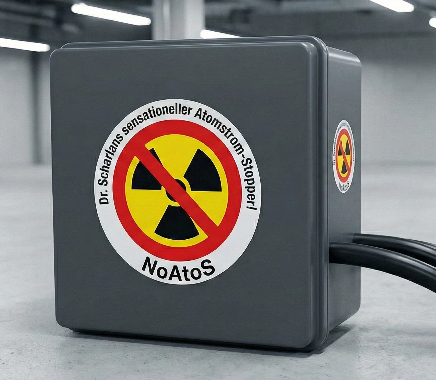 Graue Box mit durchgestrichenem Radioaktivitäts-Symbol und NoAtoS-Aufkleber