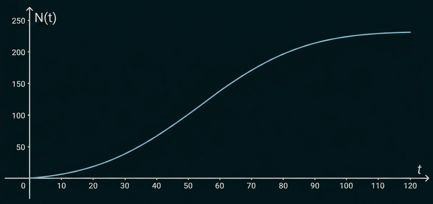Graph einer S-förmigen Wachstumskurve N(t) über der Zeit t.