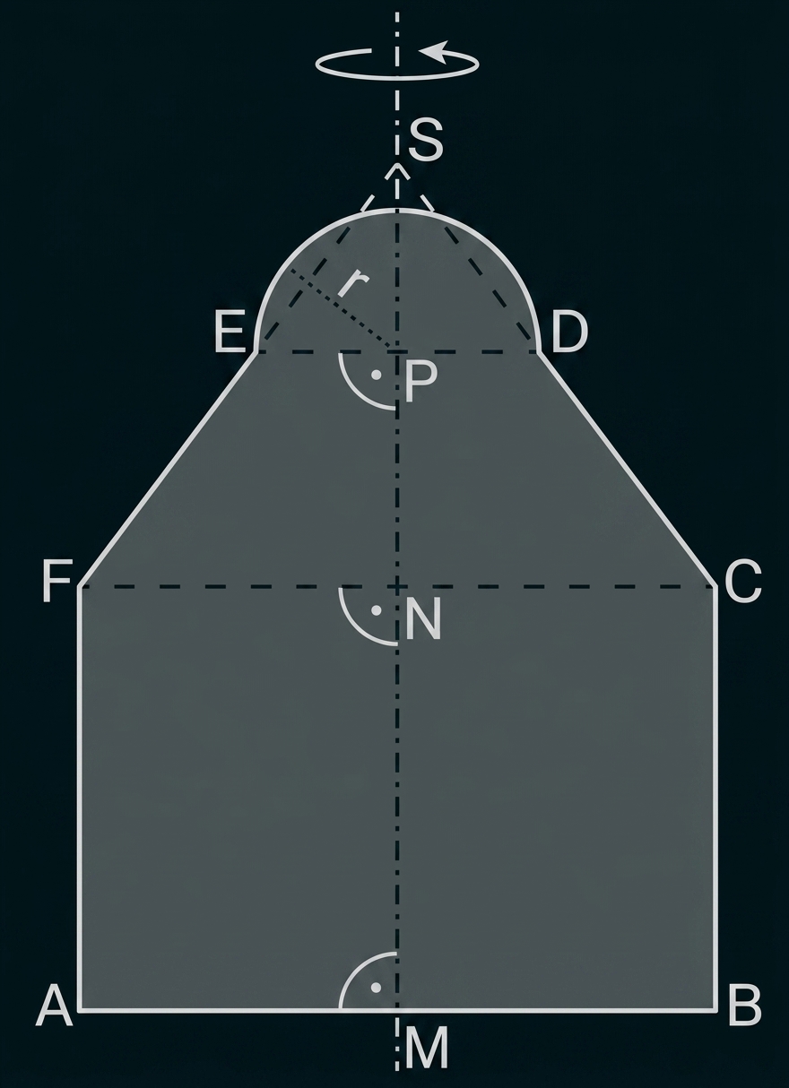 Geometrische Skizze eines Hausgrundrisses mit markierten Punkten und Kreisbögen.