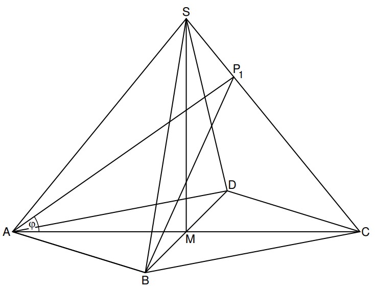 Pyramide mit Spitze S und Basis A, B, C; innere Hilfslinien und Punkte P1, D, M; Winkel φ bei A.