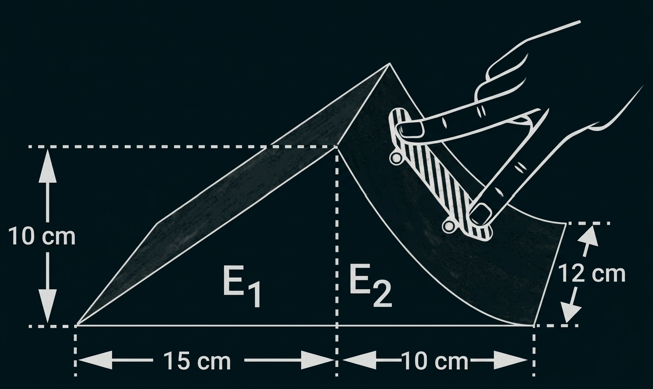 Illustration eines Papierfliegers mit markierten Flächen E₁ und E₂ sowie Maßangaben 10, 12, 15 und 10 cm.
