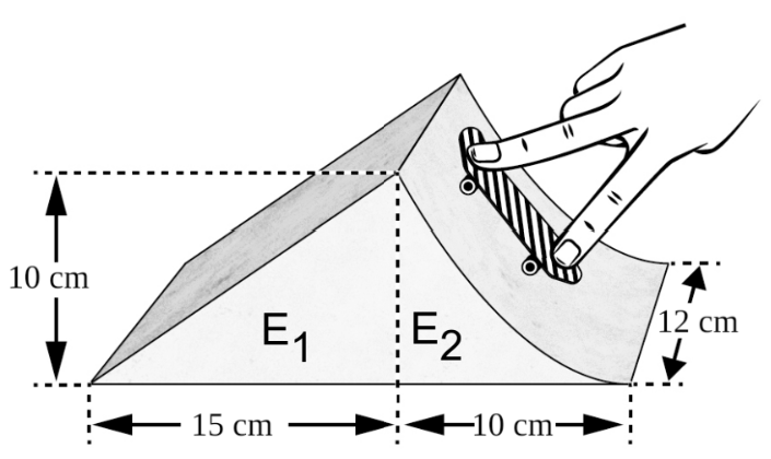 Illustration eines Papierfliegers mit markierten Flächen E₁ und E₂ sowie Maßangaben 10, 12, 15 und 10 cm.