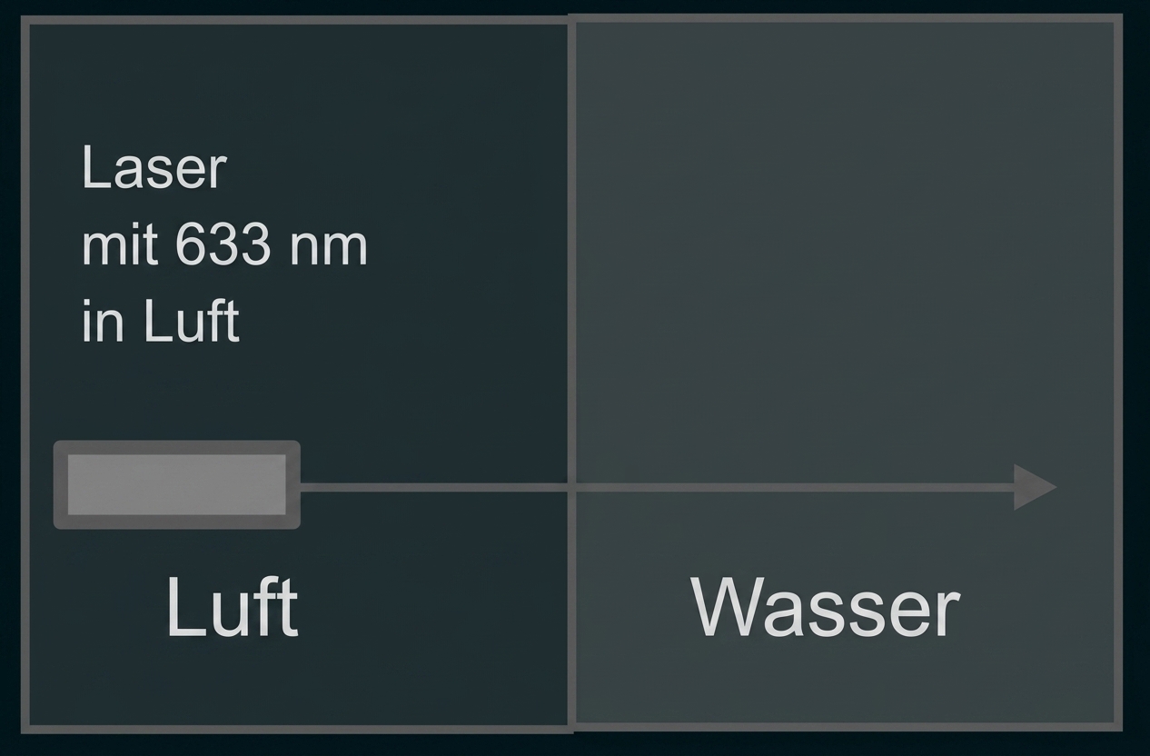 Laser (633 nm) in Luft trifft Grenze und tritt in Wasser über.