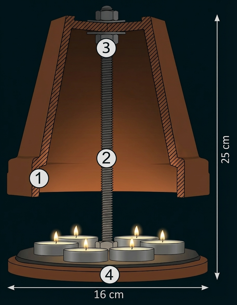 Querschnitt Teelichtofen: Topf über Teelichtern auf Holzplatte mit Gewindestange (25×16 cm)