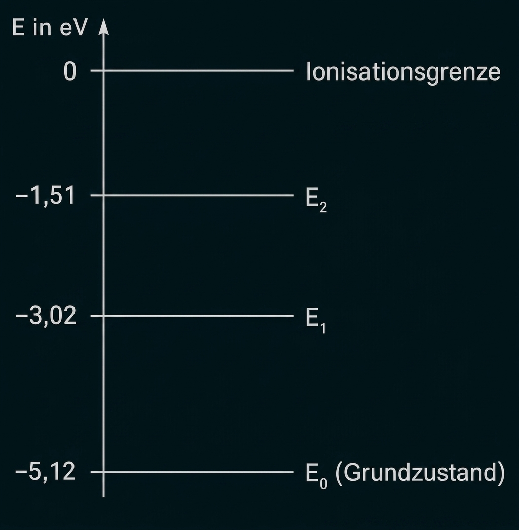 Energielevels: Ionisationsgrenze 0 eV, E2 -1,51 eV, E1 -3,02 eV, E0 -5,12 eV (Grundzustand)