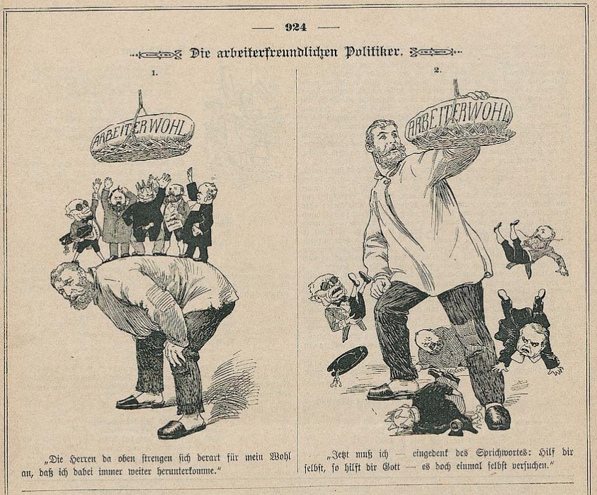 Zweifeldrige historische Karikatur: Politiker mit Korb "Arbeiterwohl", Arbeiter werden getragen bzw. weggeworfen.