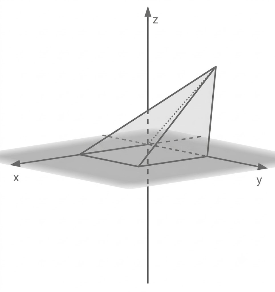 3D-Koordinatensystem (x,y,z) mit schräger dreieckiger Fläche und gestrichelten Kanten.