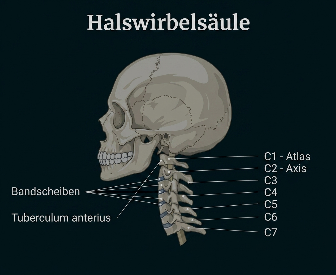 Skull mit Halswirbelsäule und markierten Halswirbeln C1 bis C7