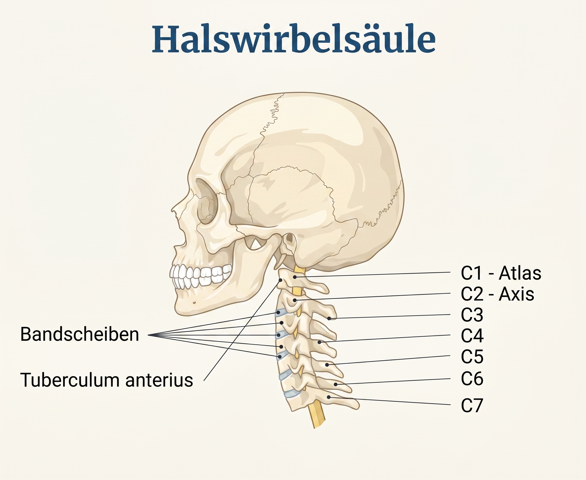 Skull mit Halswirbelsäule und markierten Halswirbeln C1 bis C7