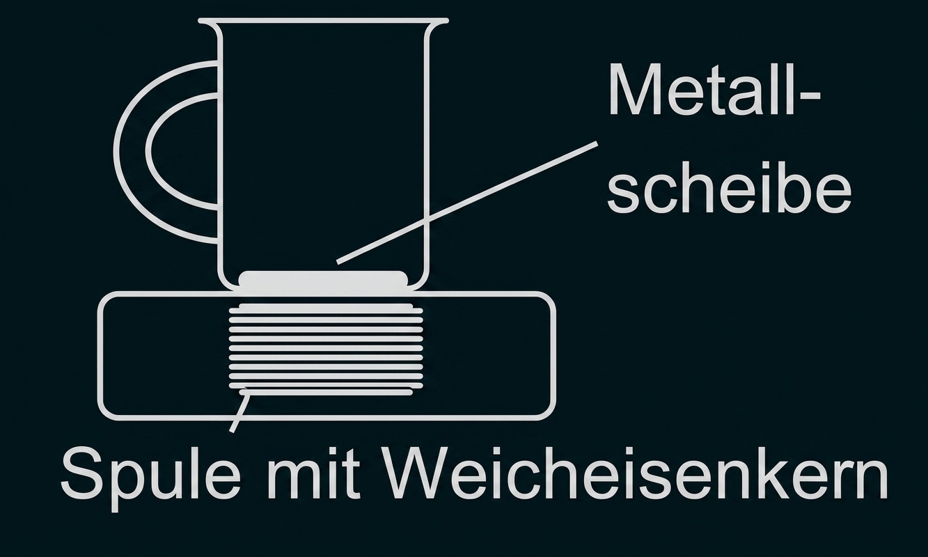 Skizze einer Spule mit Weicheisenkern und Metallscheibe