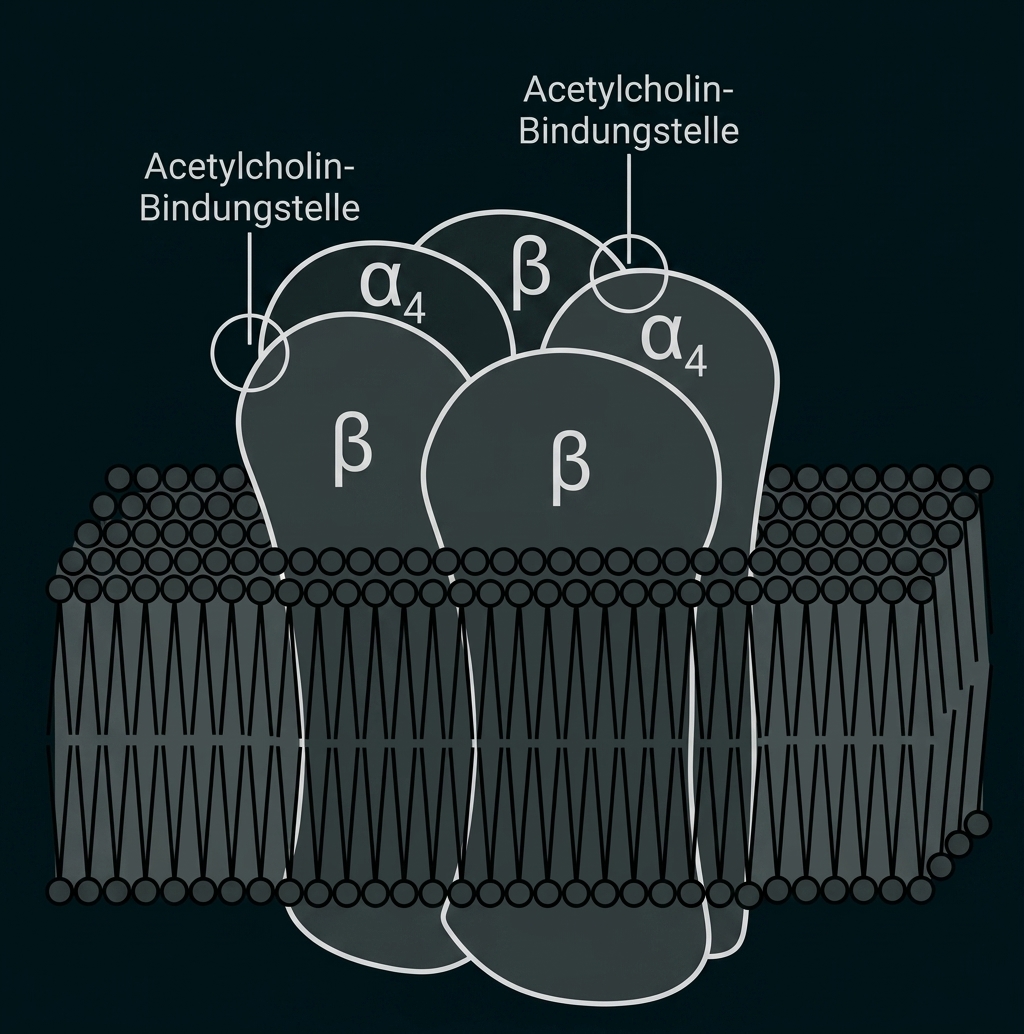Schematische Darstellung eines Acetylcholinrezeptors mit α- und β-Untereinheiten in einer Lipid-Doppelschicht